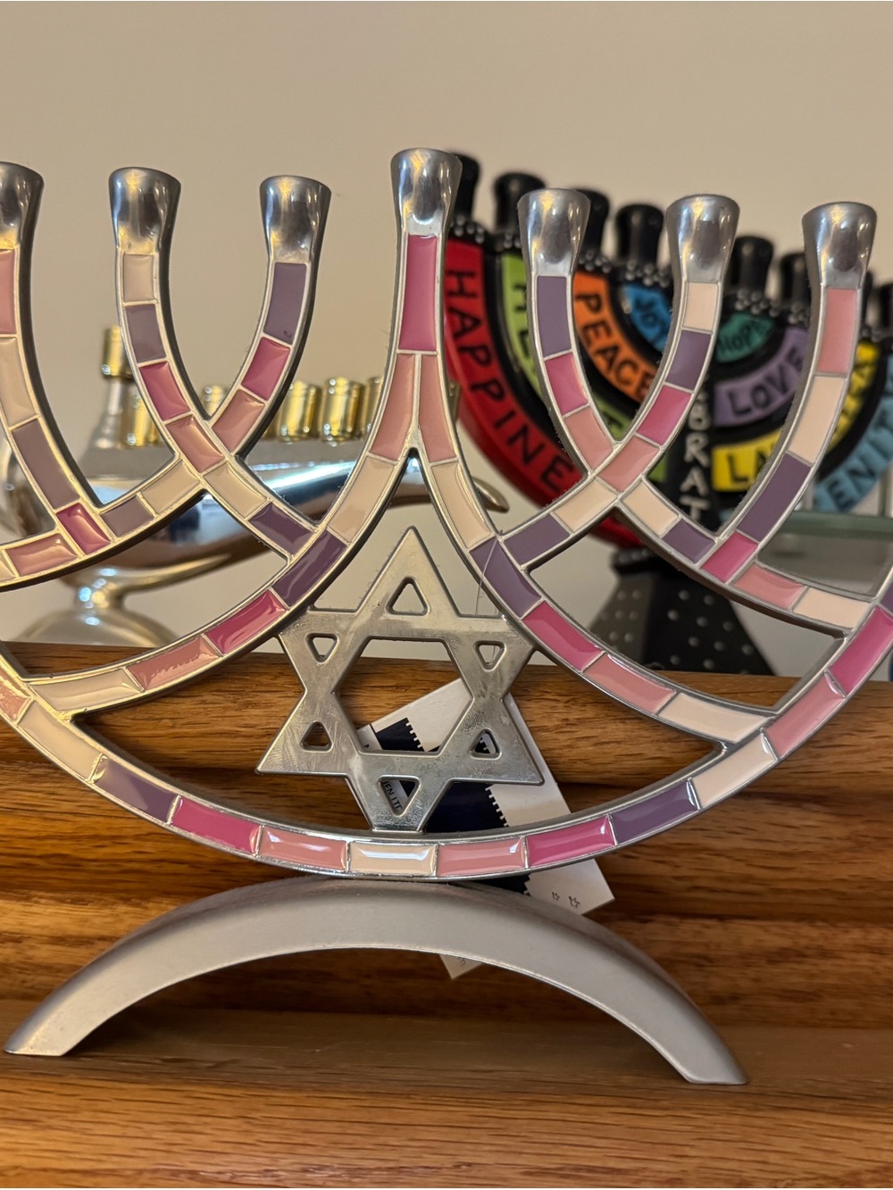 Stained Glass Style Menorah with Star of David - Pink & Purple Accents